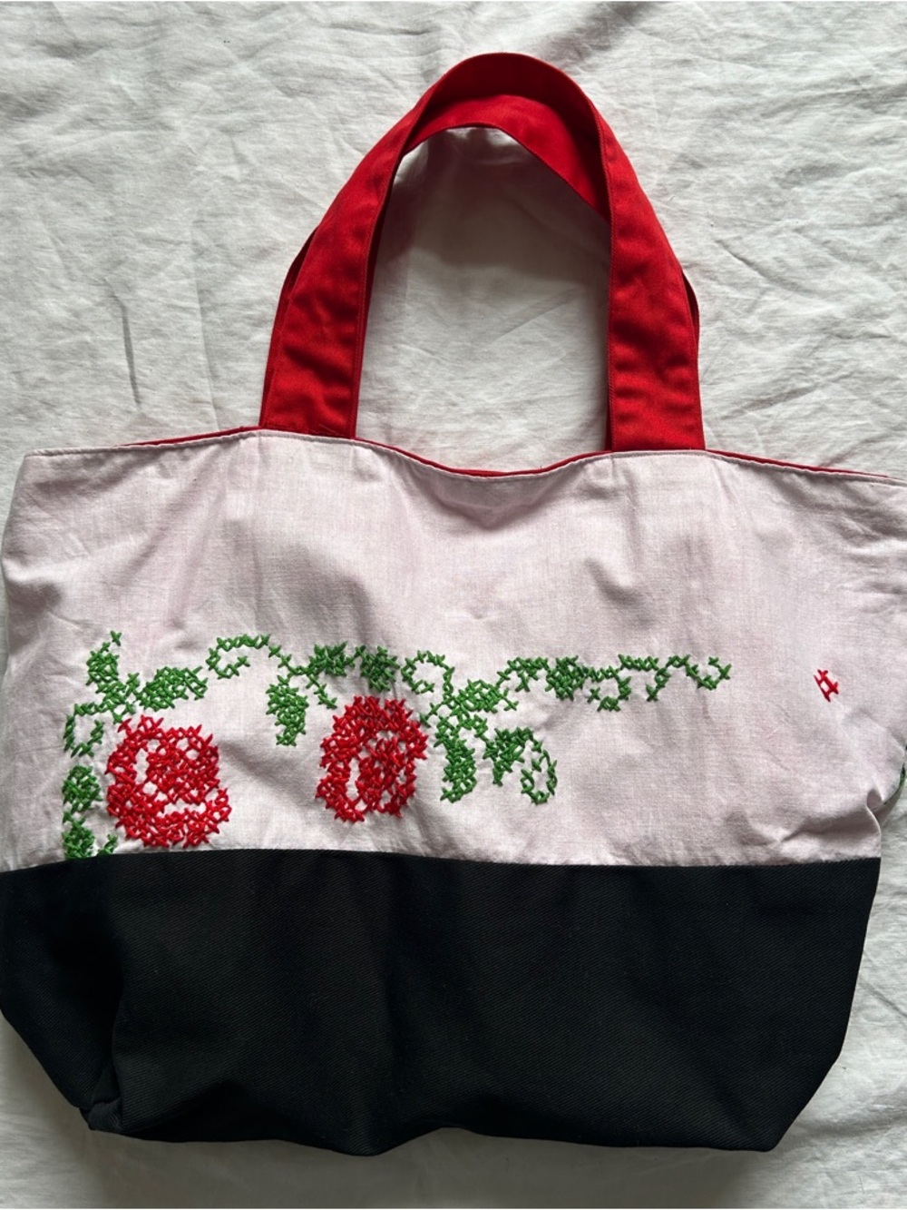Vintage Hand-Embroidered Red & Black Tote Bag